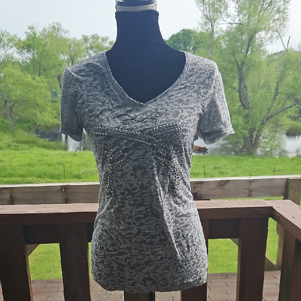 Gray Camouflage V-Neck Top
